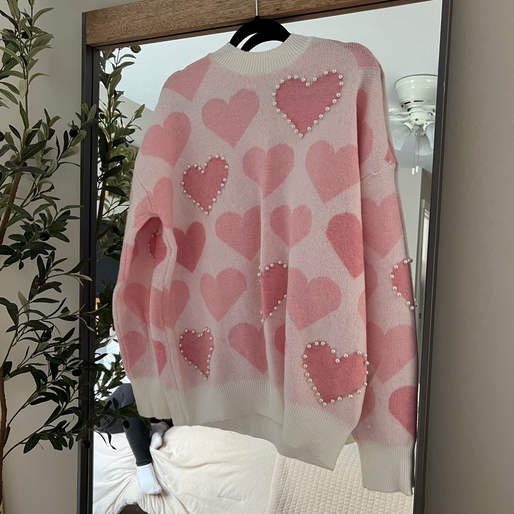 Oversized Pink Heart Jumper with Pearl Details